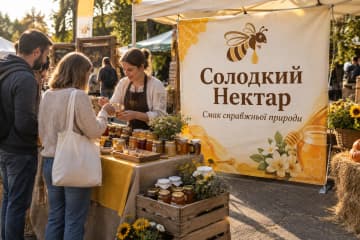 На ярмарку біля торгової точки з медом стоїть Х-банер Grand 200×200 см.