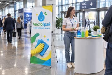 На вході до виставки сервісів стоїть Х-банер Prime 60×160 см на х-подібному каркасі поруч із демонстраційним столом.
