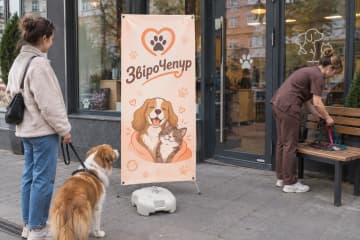 Біля входу до грумінг-салону на вулиці встановлено Х-банер Outdoor 80×180 см на водонаповнюваній основі.