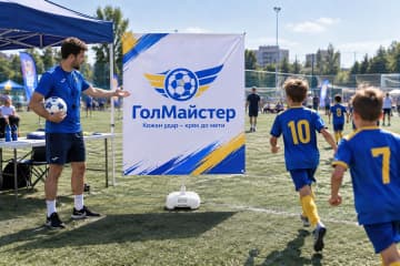 На відкритому футбольному фестивалі стоїть Х-банер Outdoor 200×200 см на водонаповнюваній основі.