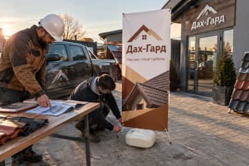 Перед офісом компанії з покрівлі на дворі стоїть Х-банер Outdoor 60×160 см на важкій водонаповнюваній основі.