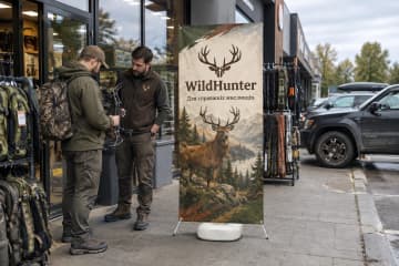 Біля входу до мисливського магазину встановлено Х-банер Outdoor 80×180 см на водонаповнюваній основі.