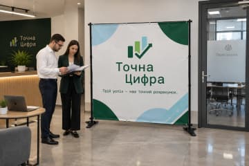 Брендвол Cross розміщено в офісі Точна Цифра біля ресепшена та дверей переговорної, а стійки на Х-подібних хрестовинах добре видно.