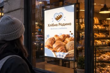 Фреймлайт у вітрині пекарні, на нього дивиться перехожа
