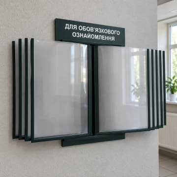 Настінна перекидна система з темно-зеленими рамками для обов'язкових документів