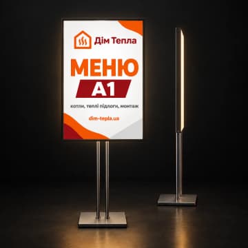 Меню-стенд з LED-підсвіткою на металевій стійці на темному тлі