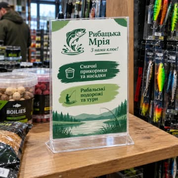 Менюхолдер на прилавку рибальського магазину