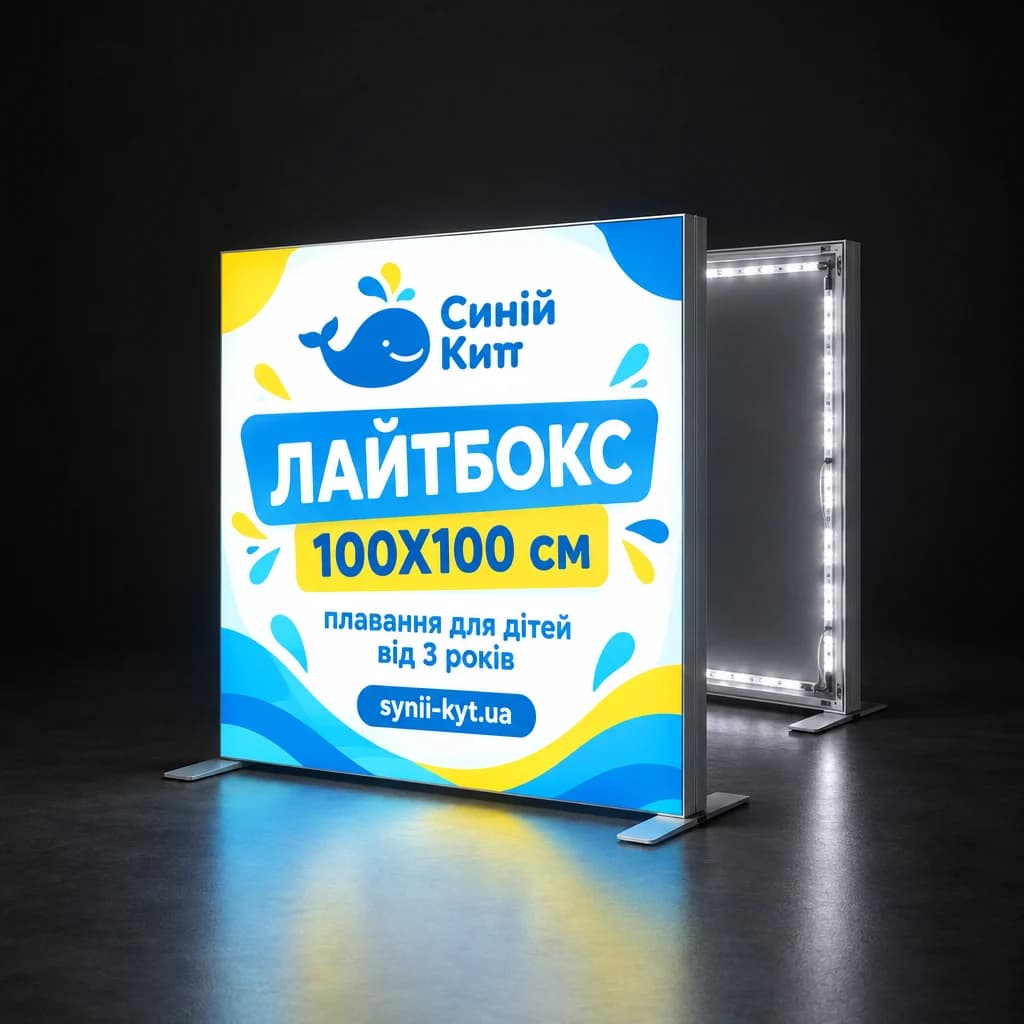 Мобільний лайтбокс з LED-підсвіткою на темному тлі, поруч каркас без полотна