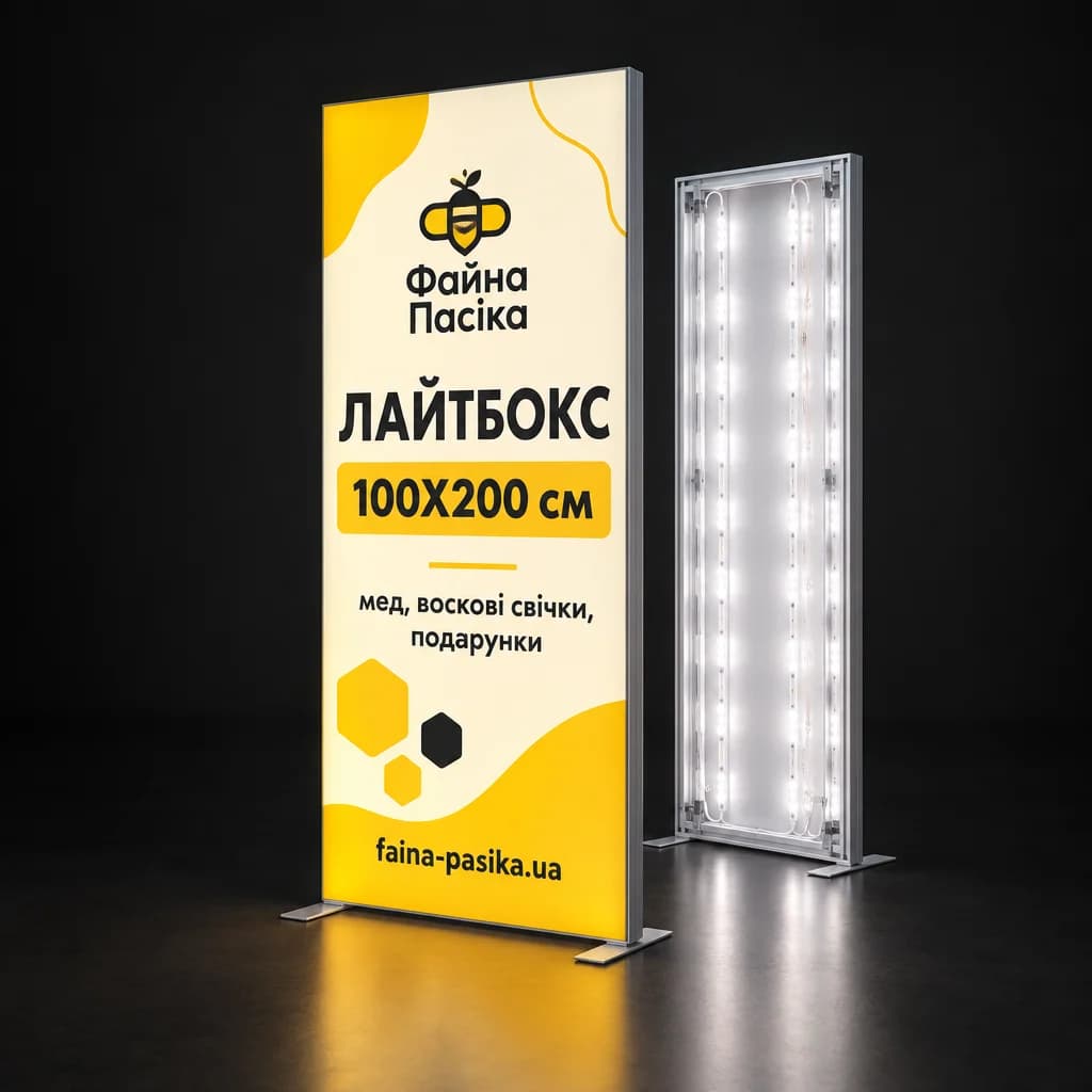 Вертикальний мобільний лайтбокс з LED-підсвіткою, поруч каркас із діодами