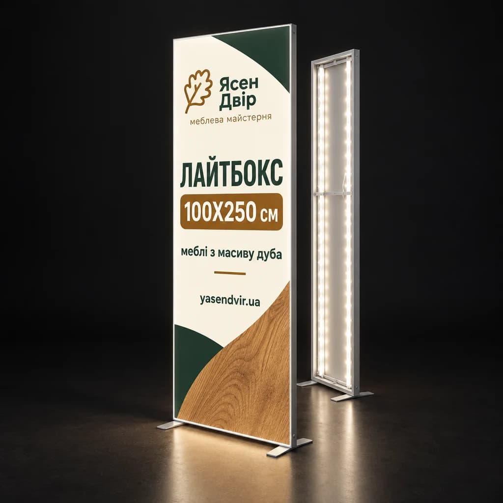 Вузький вертикальний лайтбокс з LED-підсвіткою, поруч каркас із діодами