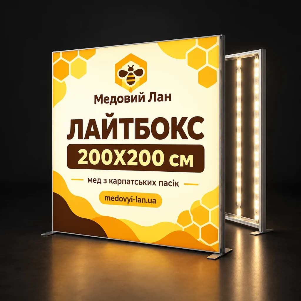 Квадратний мобільний лайтбокс з LED-підсвіткою, поруч відкритий каркас