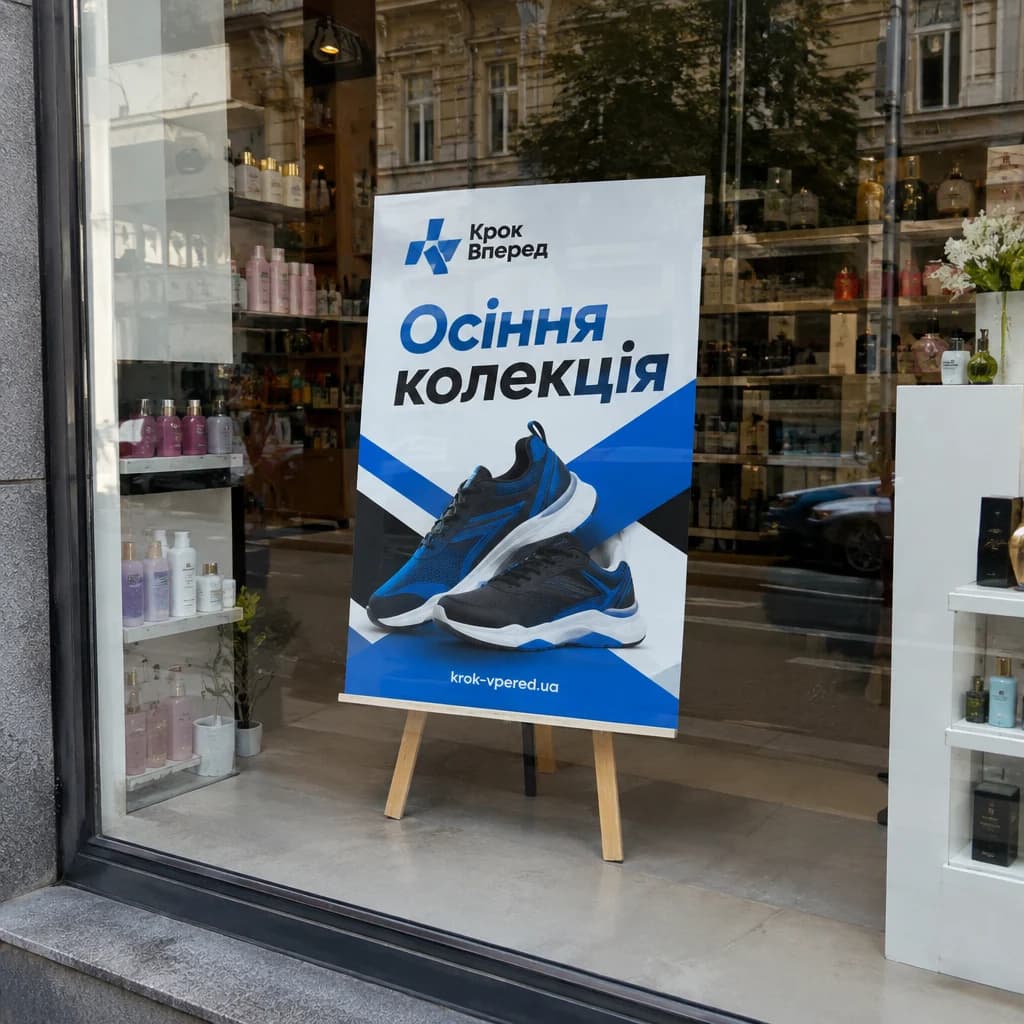 Хардпостер на дерев'яній підставці у вітрині магазину взуття