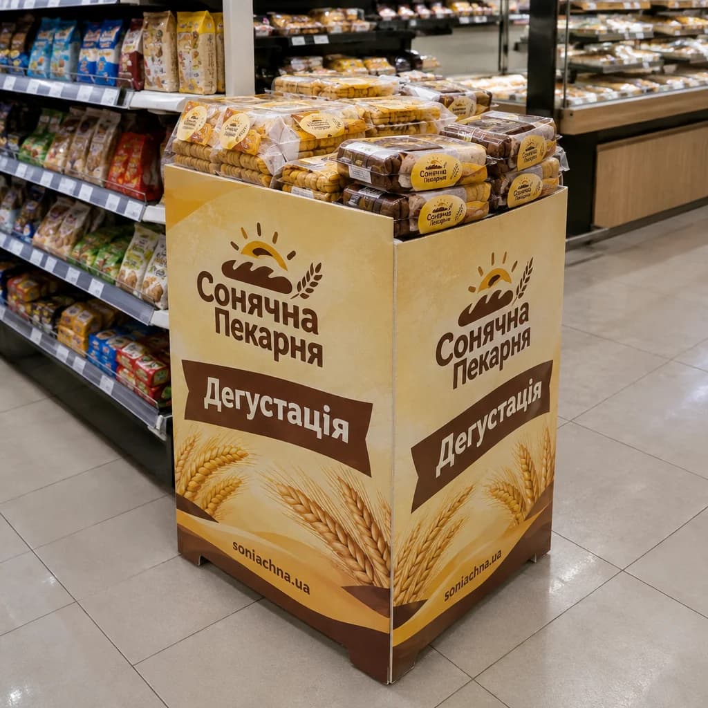 Брендована тумба для дегустації з хлібом у супермаркеті