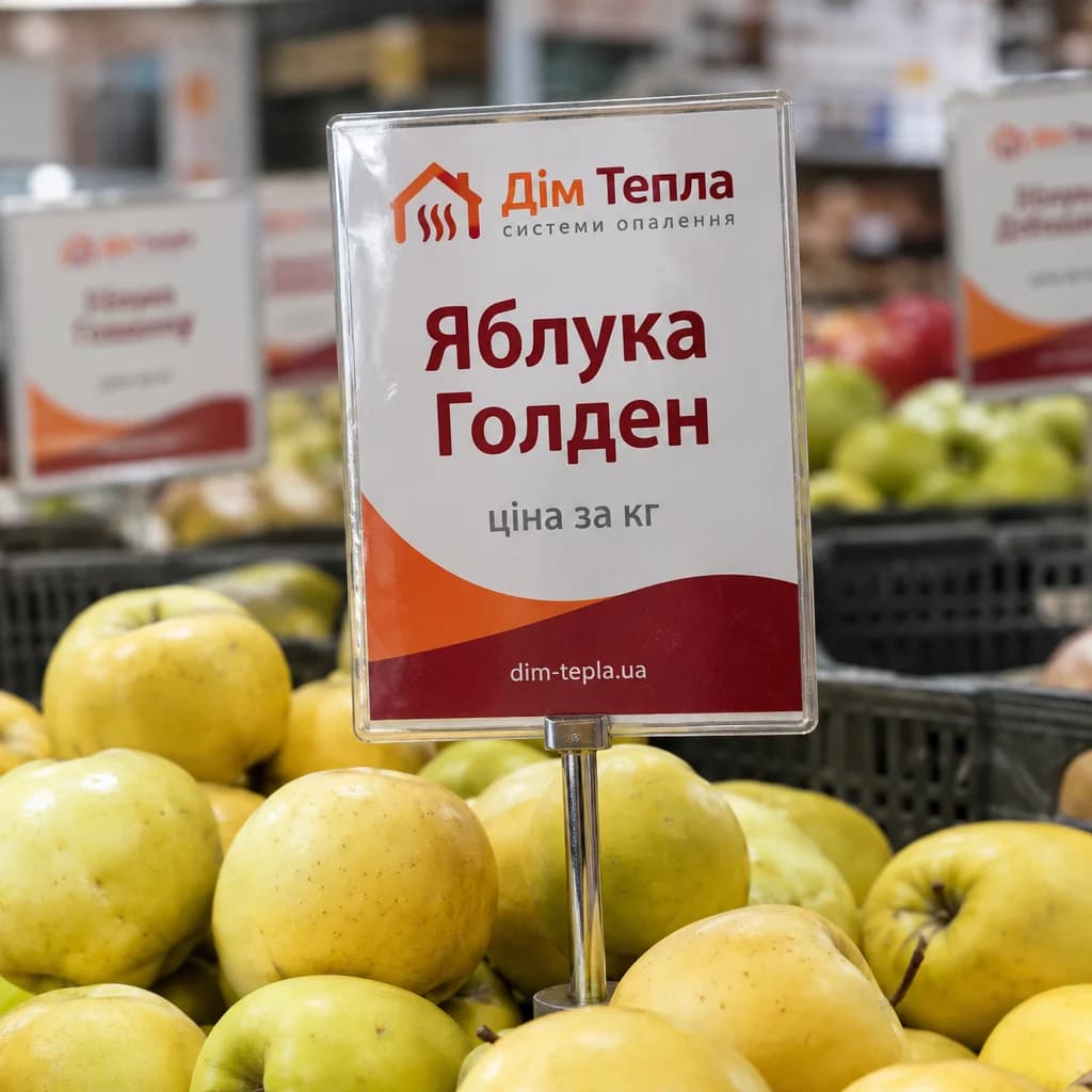 Цінникова рамка на металевій ніжці над ящиком з яблуками