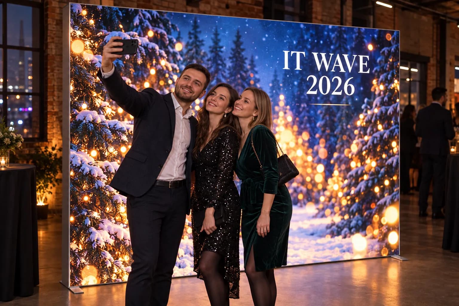 LED фотозона 3×2,5 м на новорічному корпоративі: гості роблять селфі
