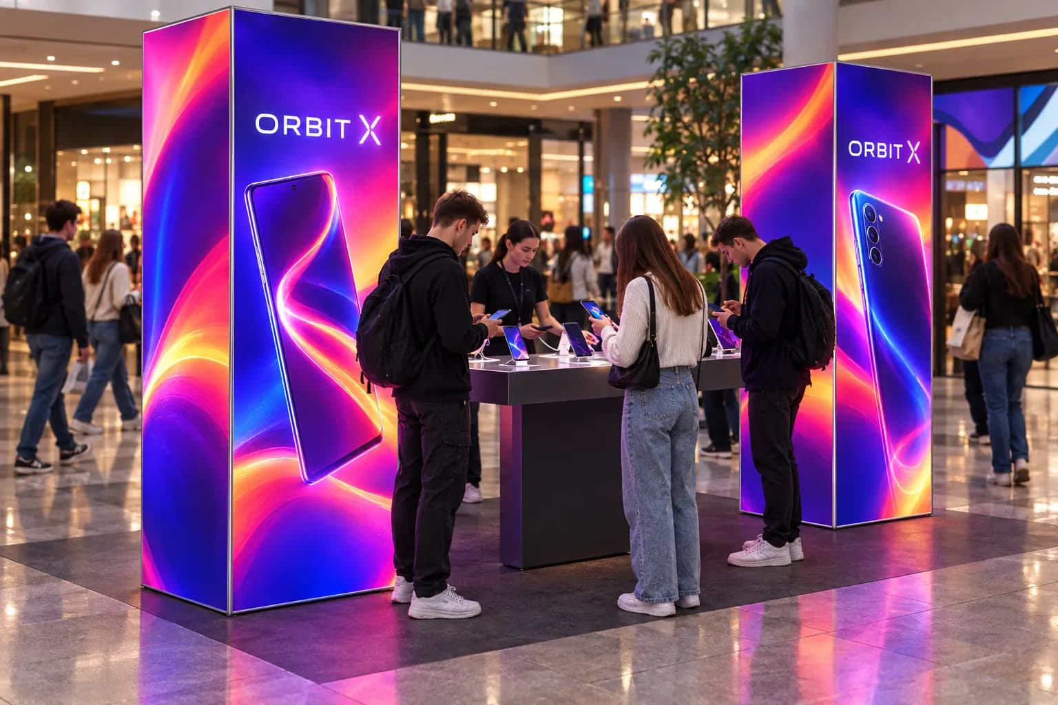 Дві світлові колони LED UP Tower 1×1×2,5 м у промозоні смартфонів у ТРЦ