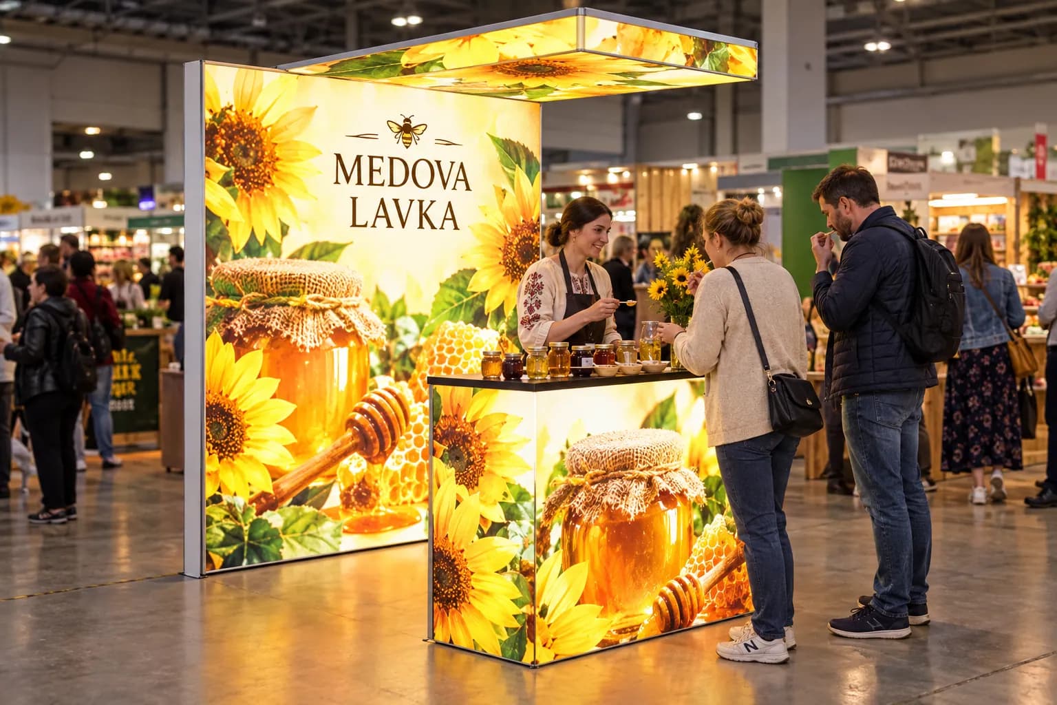 Острівний стенд на продуктовій виставці зі світловою аркою і стійкою