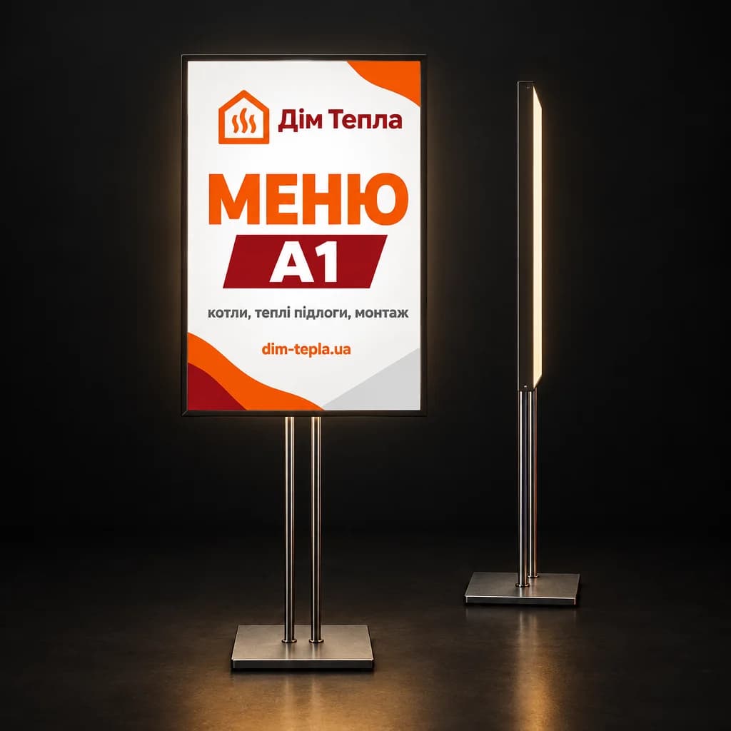 Меню-стенд з LED-підсвіткою на металевій стійці на темному тлі