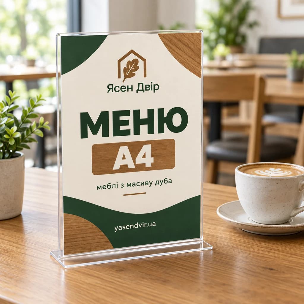Настільний акриловий менюхолдер з меню на столі кав'ярні