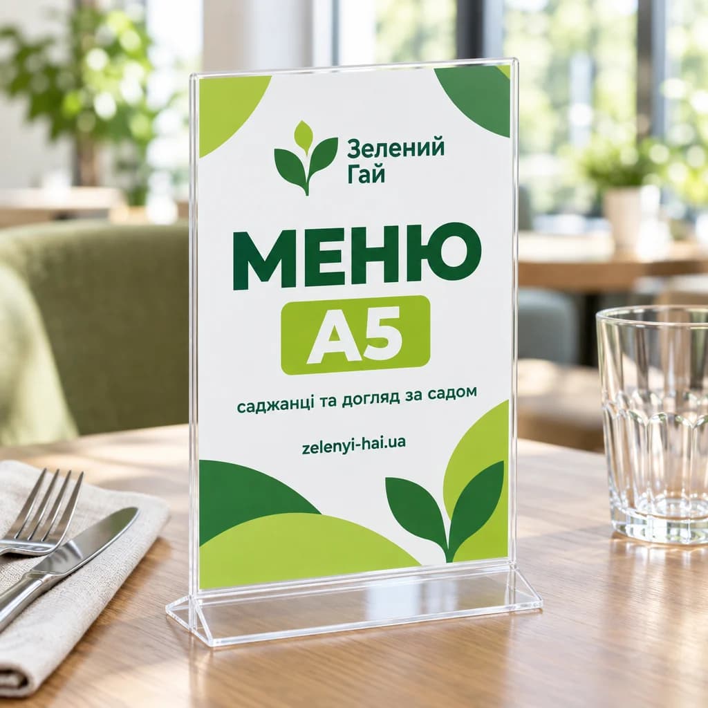 Невеликий акриловий менюхолдер з меню на столі ресторану