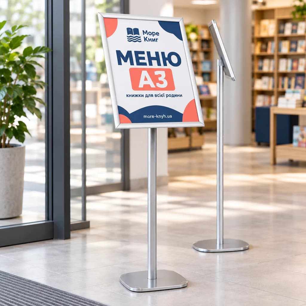 Підлоговий меню-стенд на стійці біля входу в книгарню