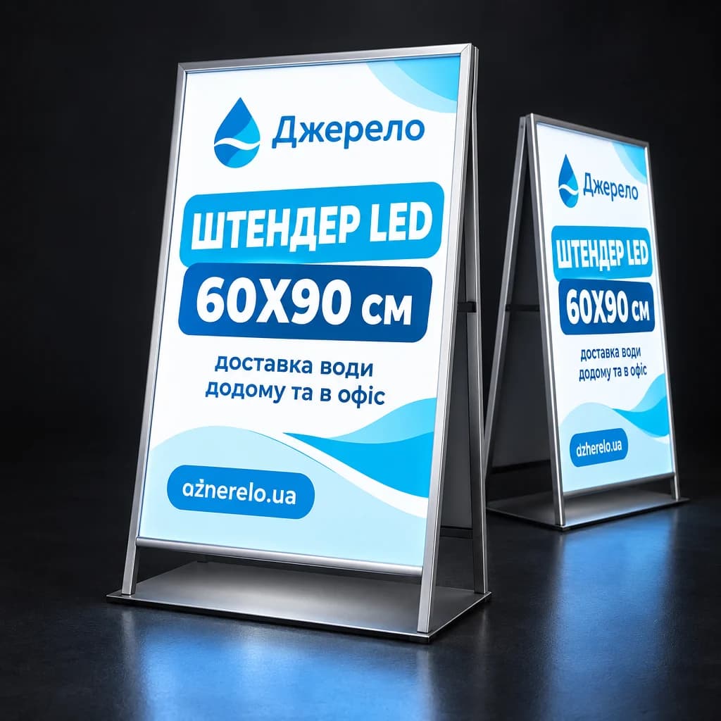 Два штендери з LED-підсвіткою в алюмінієвій рамі на темному тлі